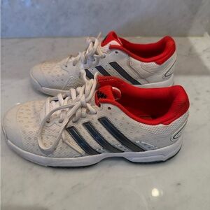 Adidas Kids Non-Marking White and Red Sneakers Tennis Black Stripes Size 2.5